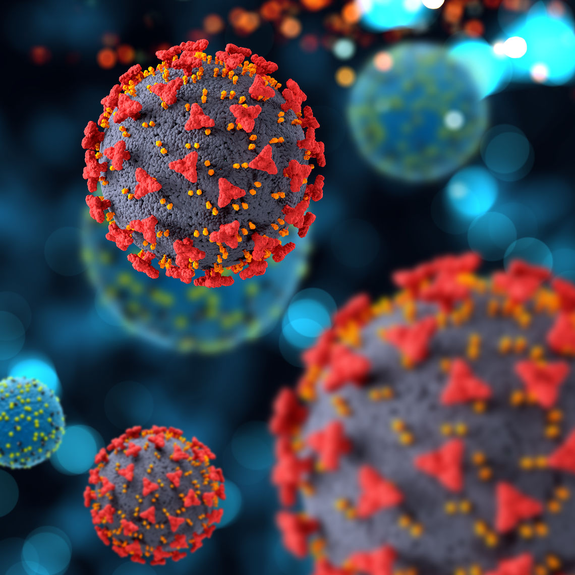 3D medical background with COVID-19 virus cells.