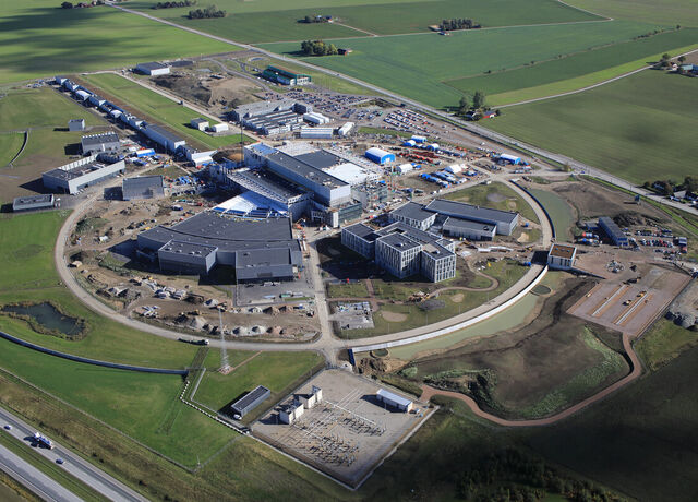 Aerial view over the ESS building site from 13 October 2020.